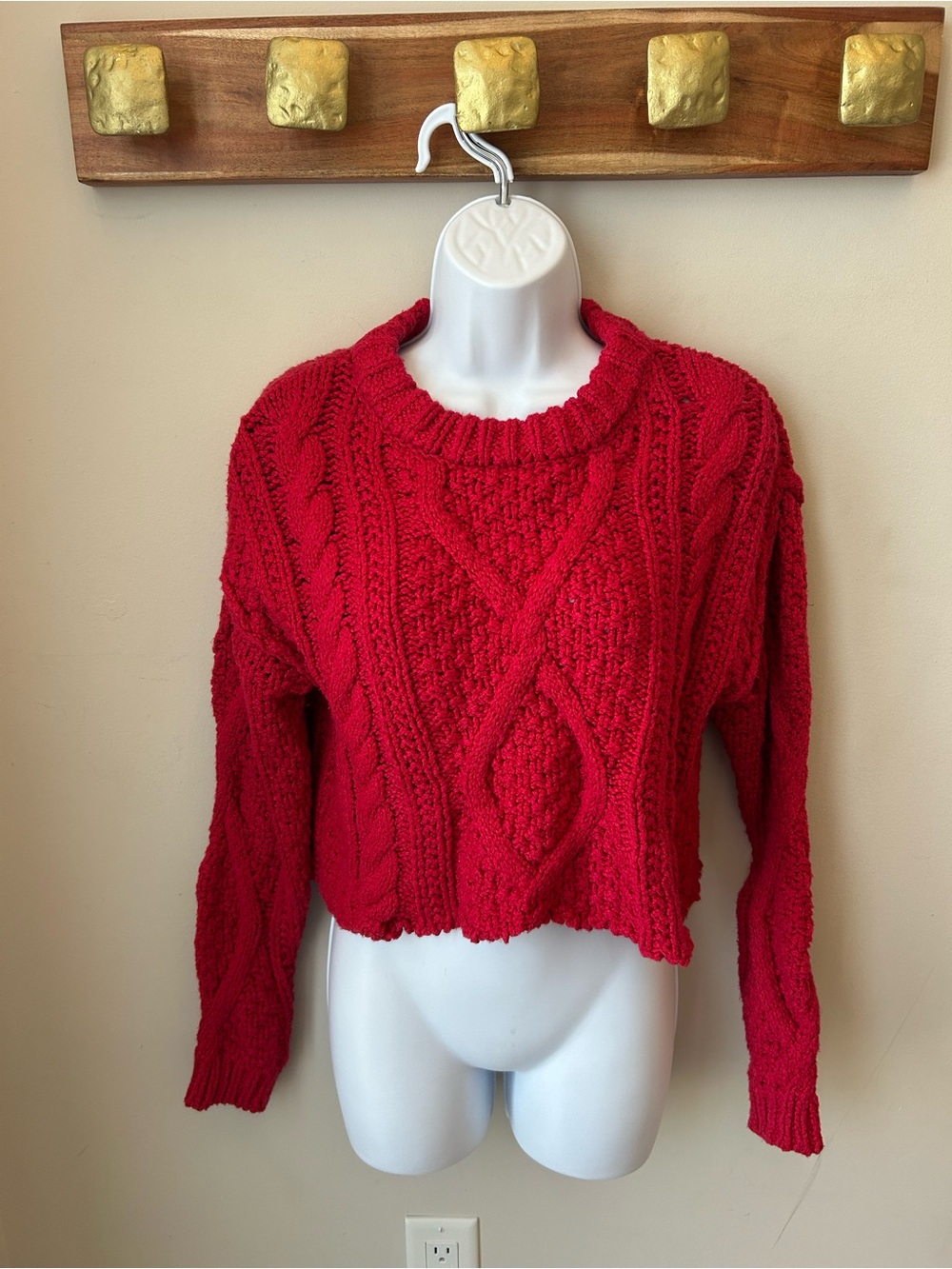 100% COTTON Free People Red Cropped Cable Knit Sweater Size XS oversized